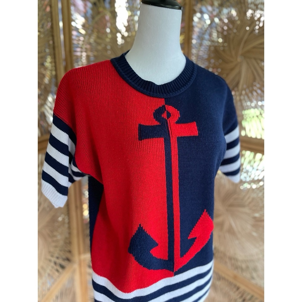 Vintage Apostrophe Color Block Nautical Red White Blue Anchor Sweater Top